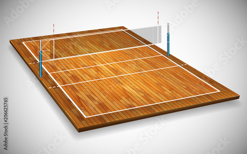 Perspective vector illustration of hardwood vollyball field court with net. Vector EPS 10. Room for copy