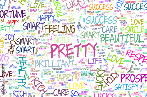 Illustrations of positive emotion word cloud. Color, happy, abstract & art.