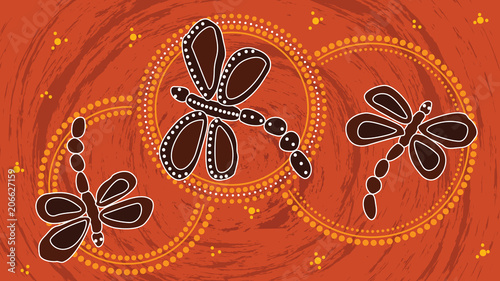 Aboriginal art vector painting with dragonfly. Illustration based on aboriginal style of landscape background.
