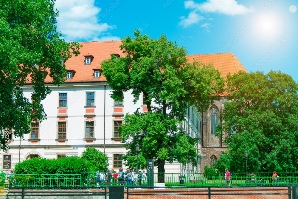 Town houses against the sky, beautiful urban architecture landscape, City of Wroclaw, Poland