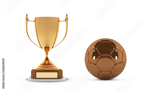 Realistic golden trophy Cup with gold ball. Winner Cup and football ball. Shiny golden 3d trophy awards on wooden shelf with soccer ball. Vector Illustration