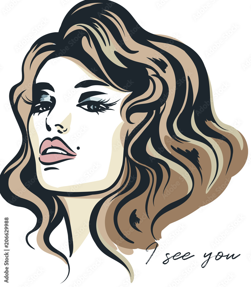 Fashion vector illustration, portrait of young woman with beautiful lips and eyes. I see you Fashion vector illustration, portrait of young woman with beautiful lips and eyes. I see you