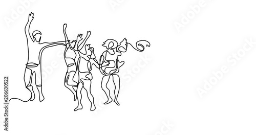 Self drawing animation of continuous line drawing of happy jumping people