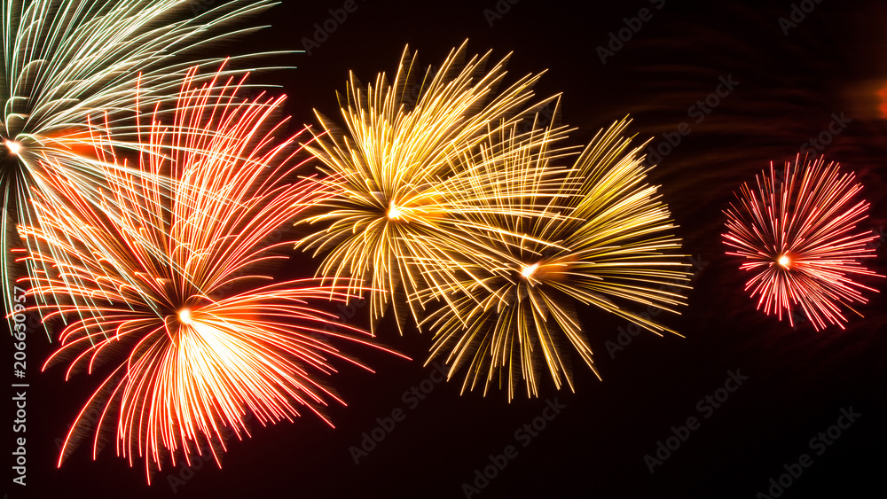 bright, colorful, multi-colored bursts of fireworks on the night sky