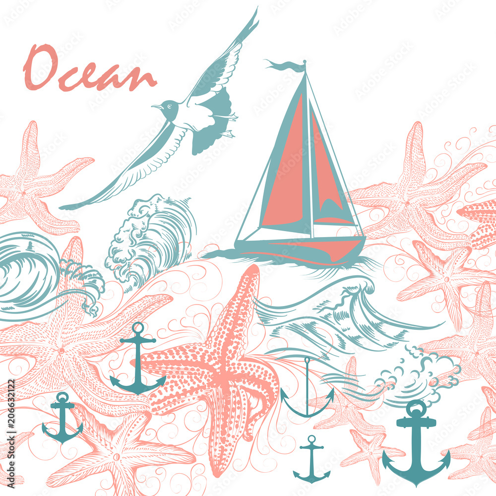 Illustration on ocean theme with seagull, starfishes and ship