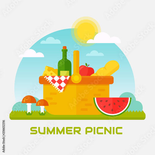 Summer picnic in nature. Vector banner with flat basket.