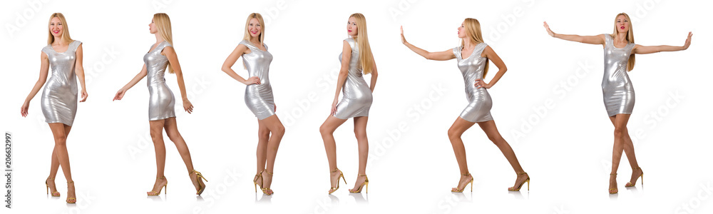Young woman in silver dress isolated on white Young woman in silver dress isolated on white