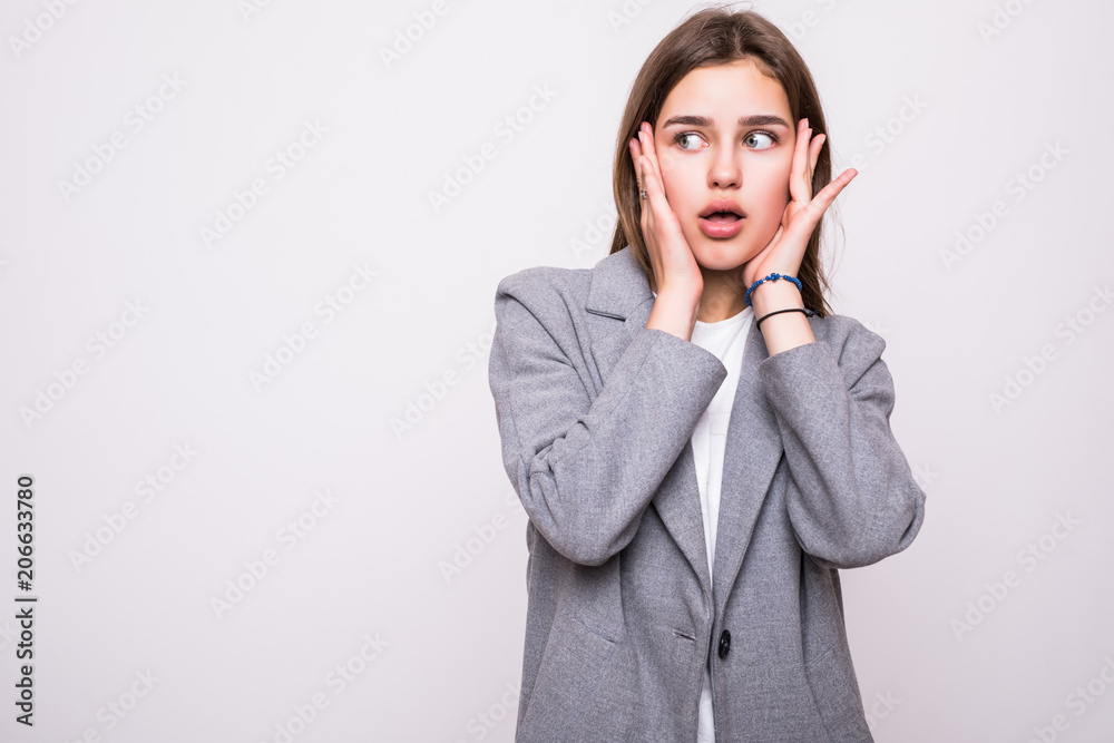 Young woman has headache, isolated on white background Young woman has headache, isolated on white background
