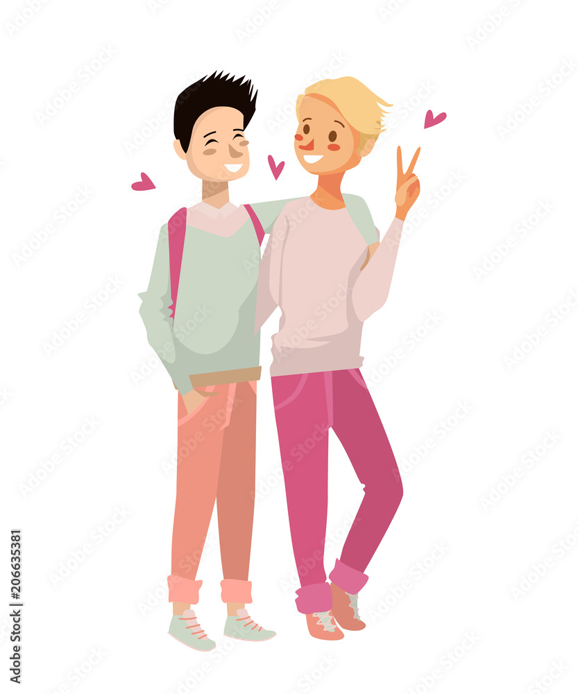 gay couple vector illustration. isolated cute homosexual boys on a white  background. cartoon character design of young gay teenagers. lgbtg  community people hugging and being in love. Векторный объект Stock | Adobe