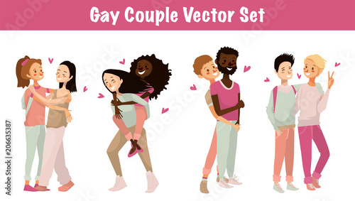 gay couple vector set illustration. isolated cute homosexual couples on a white background. cartoon character design of young lesbians and gay teenagers. lgbtg community people hugging, being in love.