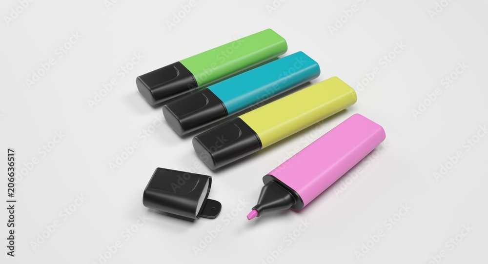 3D rendering - set of colorful highlighter pens isolated on white background. 3D rendering - set of colorful highlighter pens isolated on white background.