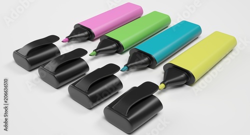 3D rendering - set of colorful highlighter pens isolated on white background.