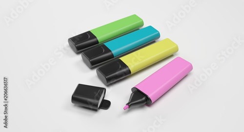 3D rendering - set of colorful highlighter pens isolated on white background.