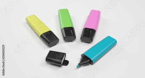 3D rendering - set of colorful highlighter pens isolated on white background.