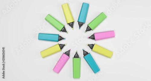 3D rendering - set of colorful highlighter pens isolated on white background.