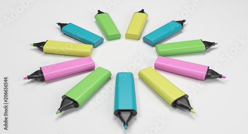 3D rendering - set of colorful highlighter pens isolated on white background.