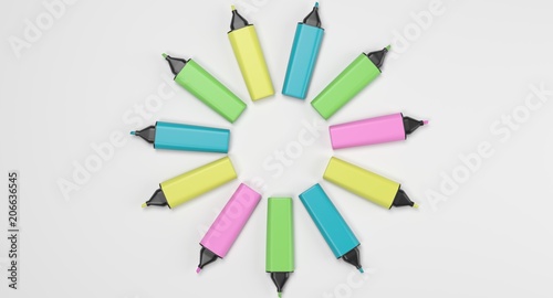 3D rendering - set of colorful highlighter pens isolated on white background.