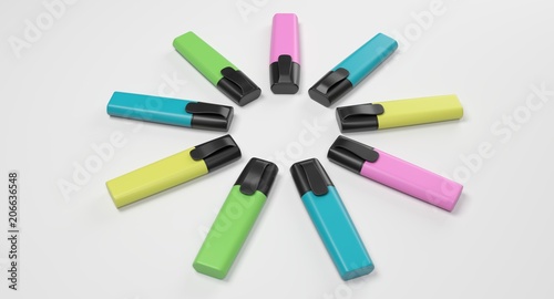 3D rendering - set of colorful highlighter pens isolated on white background.