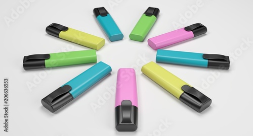 3D rendering - set of colorful highlighter pens isolated on white background.