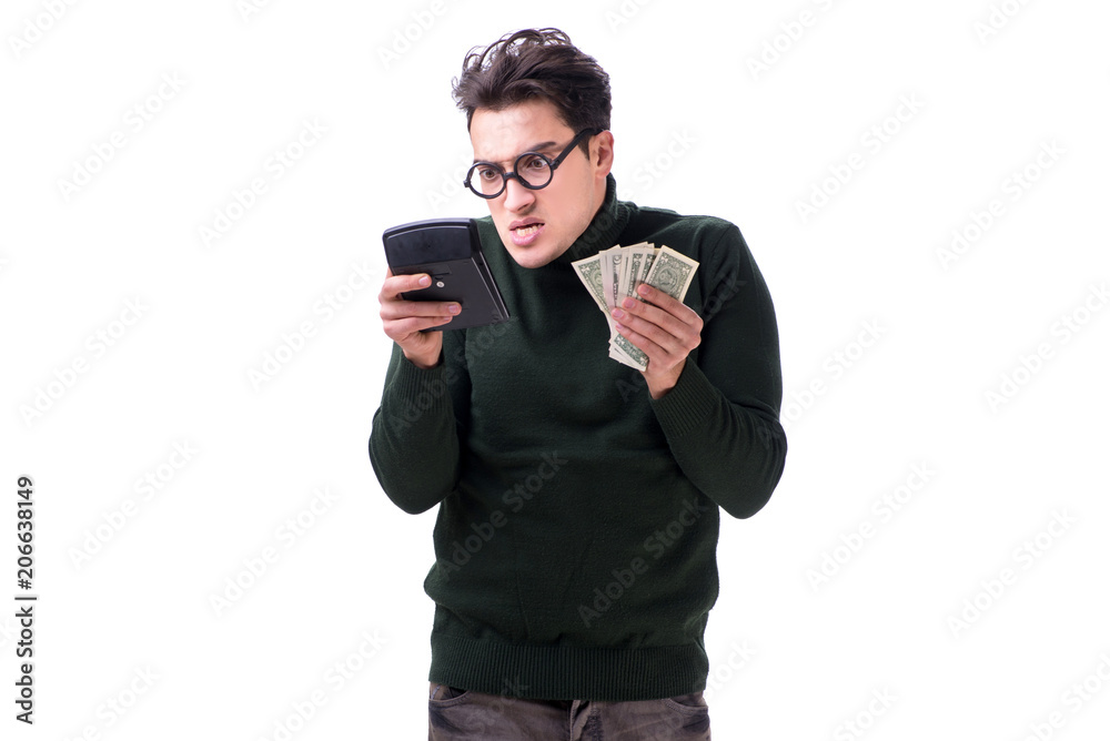 Nerd young man with calculator isolated on white Nerd young man with calculator isolated on white