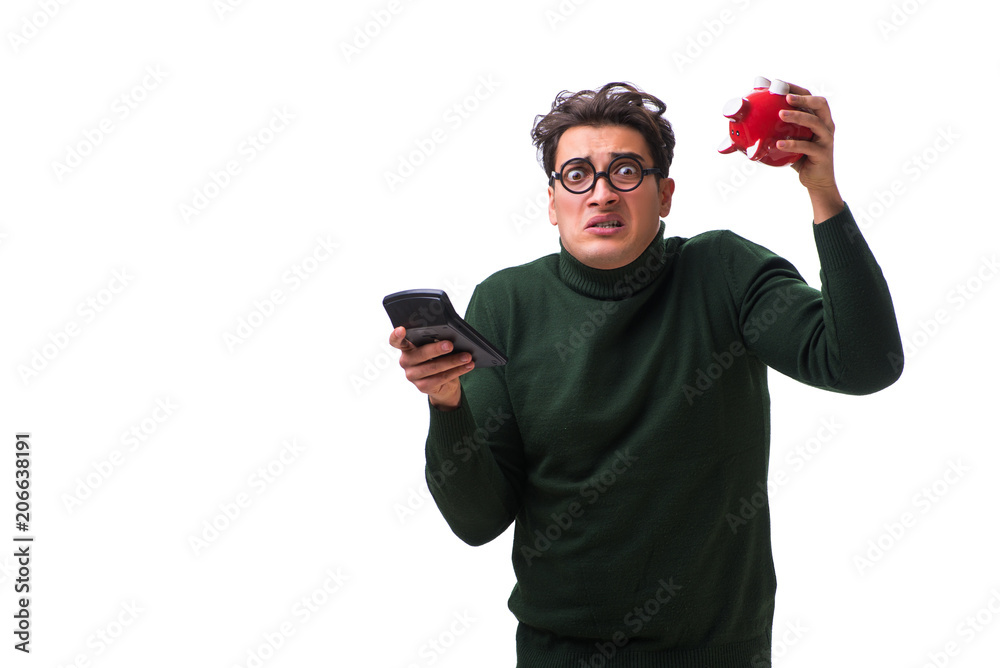 Nerd young man with piggybank isolated on white Nerd young man with piggybank isolated on white