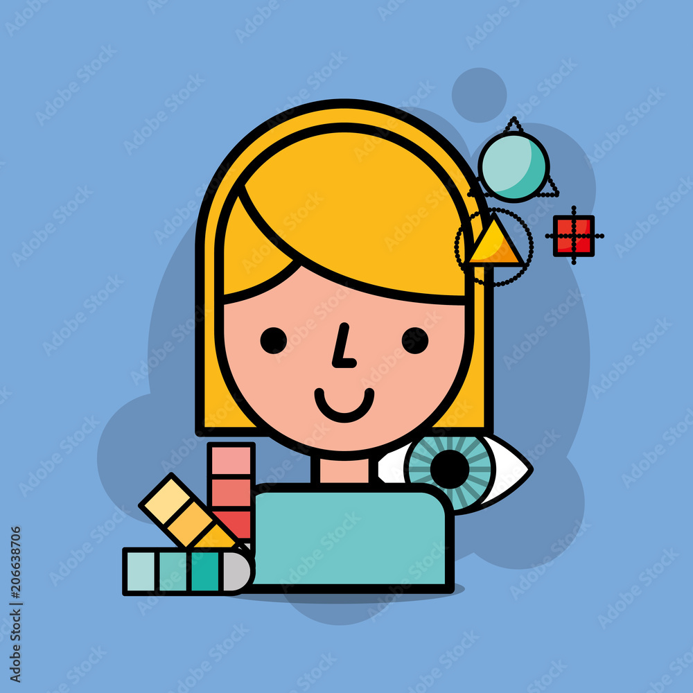 portrait girl designer creative process tools vector illustration