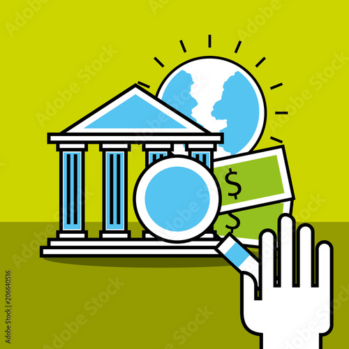 hand holding magnifying glass bank money world analytics and investment vector illustration