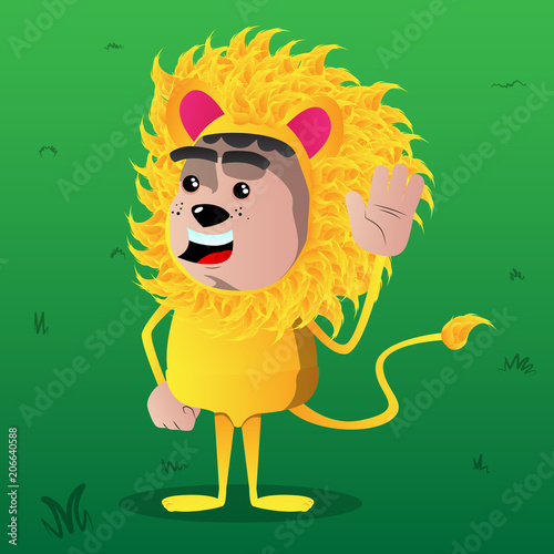 Boy dressed as lion with waving hand. Vector cartoon character illustration.
