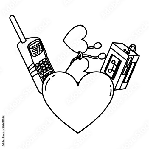 line heart with walkman music player and telephone