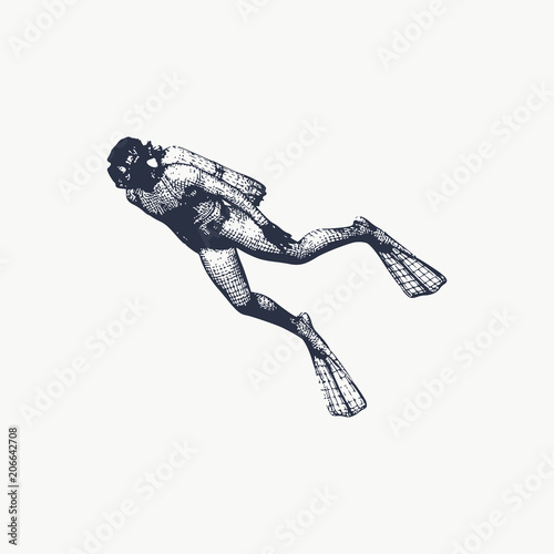 Silhouette of diver. Icon diver. The concept of sport diving. Vintage engraved illustration
