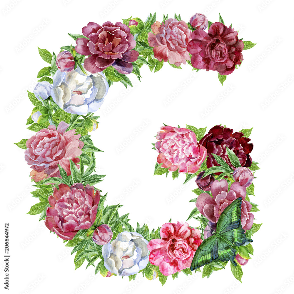 Letter G of watercolor flowers