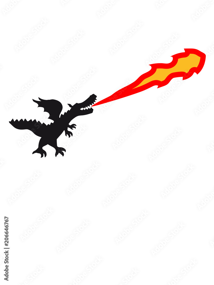 feuer spucken flammen silhuette umriss kontur schwarz schatten laufen gehen  groß comic cartoon lustig clipart fliegen flügel wyvern lindwurm mystisch  fantasy Drache böse Stock Illustration | Adobe Stock