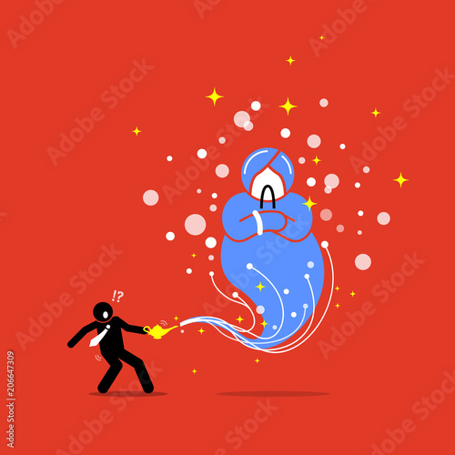 Businessman and a Genie in a lamp. Vector artwork illustration depicts the concept of wish, grant, reward, hope, and luck.