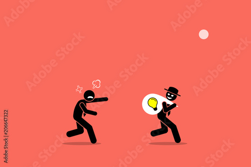 Evil businessman stealing business idea. Vector artwork illustration depicts the concept of business thief, copyright infringement, plagiarism , bad person, dishonest, underhand, and cheater.  photo