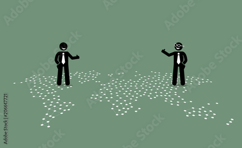 Two businessman of different countries giving thumb up to each other on top of a world map. Vector artwork depicts respect, cooperation, treaty, and good relationship between two countries. 