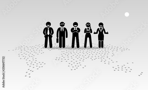 Businessmen and businesswomen standing on top of a world map. Vector artwork depicts the concept of globalisation and international organization. 