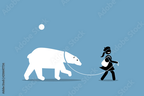 A girl leashing and walking with a polar bear. Vector artwork illustrations depict the concept of loving animal and caring wildlife.