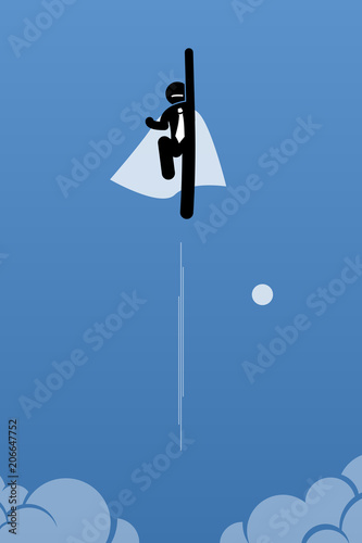 Businessman with cape flying up to the sky. Vector artwork illustration depicts power, breakthrough, quantum leap, and success.