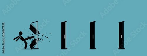 Man kicking down and destroying door one by one. Vector illustration depicts eliminating barrier of entries, roadblocks, overcome challenges, and destroying obstacles with power and brute force. photo