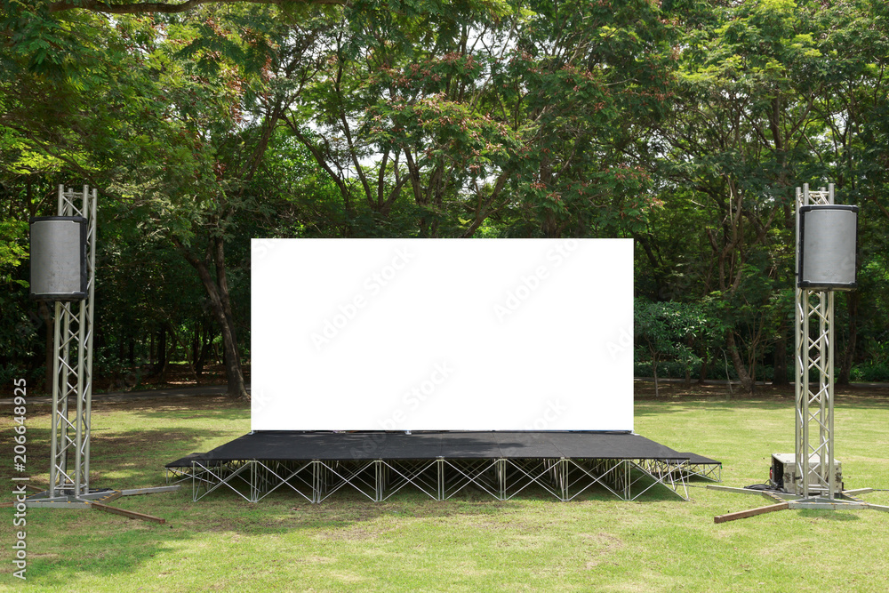 Fabric Pop Up basic unit Advertising banner media display backdrop, empty background in garden Fabric Pop Up basic unit Advertising banner media display backdrop, empty background in garden