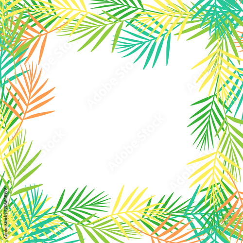 Square frame of bright abstract tropical leaves in flat style on white background. Postcard. Vector illustration