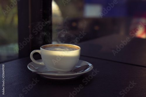 hot cofee at coffee shop at morning