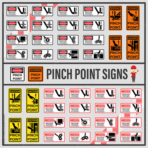 Set of signs and symbols of pinch point, Pinch point safety caution signs use to define any point where it is possible for a body part to be caught in or between objects.