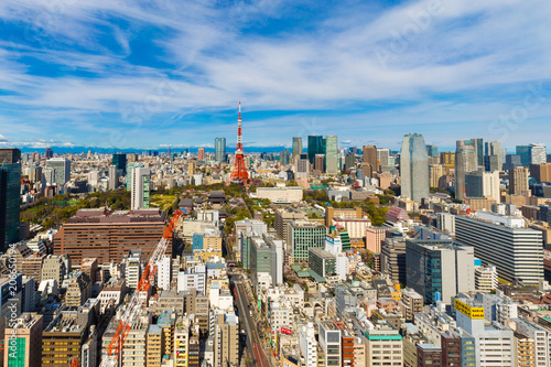 Photography Toyko skyline modern city with red tokyo tower and office building