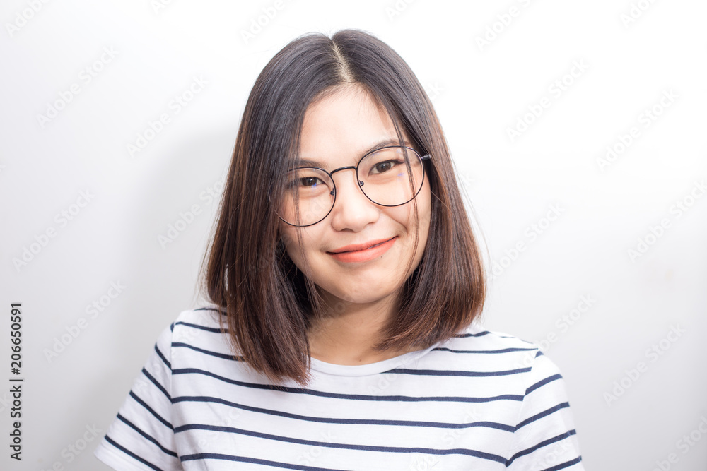 Asian glasses women smiling on white background Asian glasses women smiling on white background