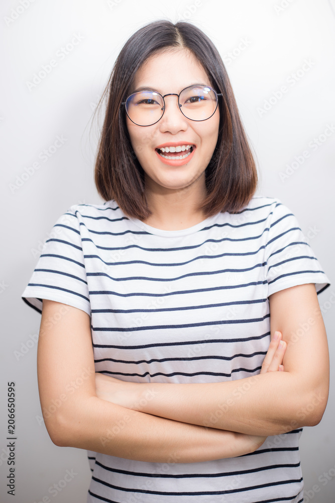 Asian glasses women smiling on white background Asian glasses women smiling on white background