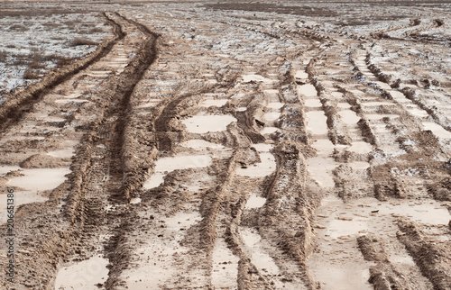 Off road terrain background. Wheel tracks on the soil.