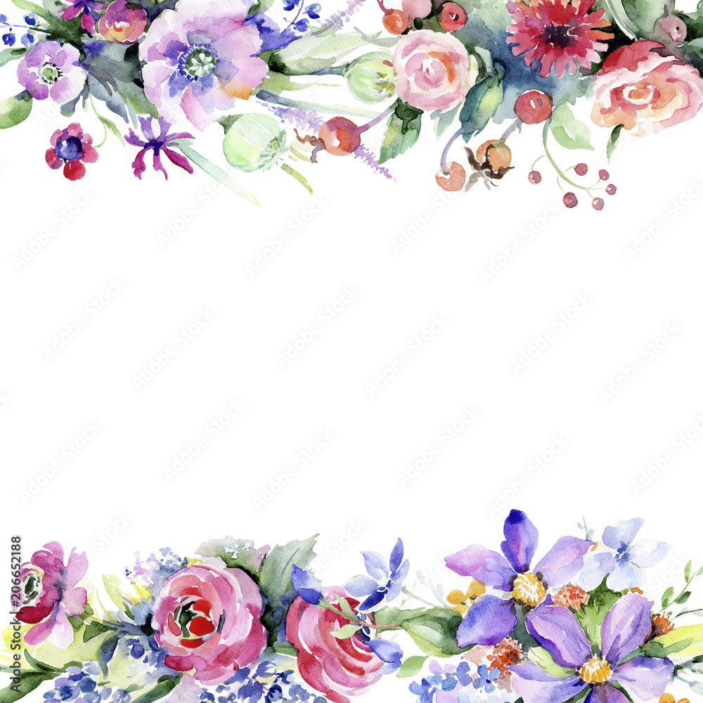 Colorful bouquet. Floral botanical flower. Frame border ornament square. Aquarelle wildflower for background, texture, wrapper pattern, frame or border.