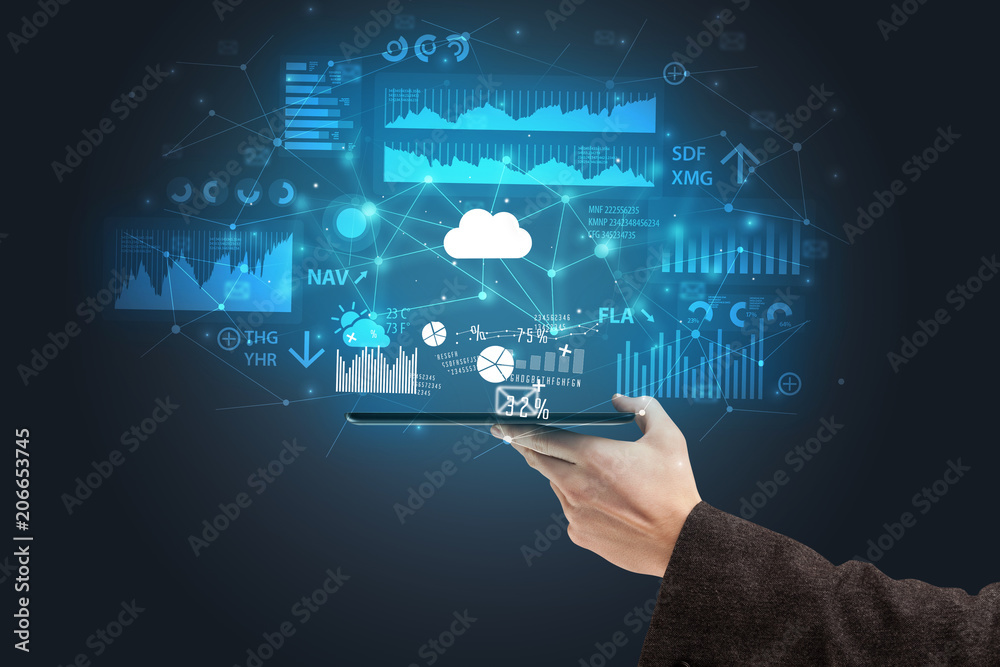 Businessman using phone with flying application icons around
Businessman using phone with flying application icons around