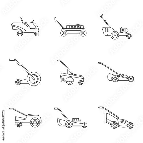 Lawnmower grass garden icons set. Outline illustration of 9 lawnmower grass garden vector icons for web